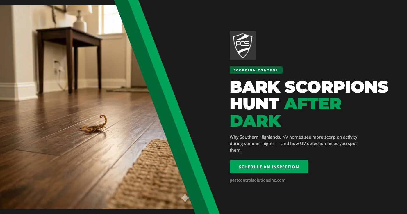 Bark scorpions in Southern Highlands, NV — why they hunt at night during summer, where they hide during the day, UV blacklight detection, and prevention tips for desert homeowners
