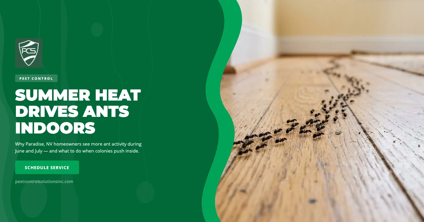 Summer heat ant control in Paradise, NV — desert ant trail along a kitchen baseboard during peak June and July foraging — Pest Control Solutions